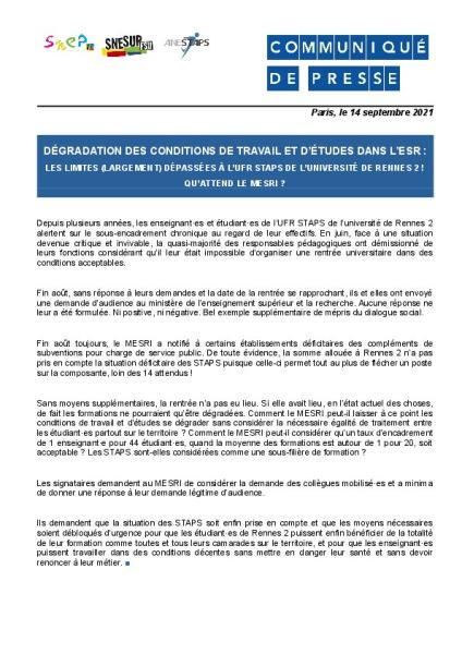 DÉGRADATION DES CONDITIONS DE TRAVAIL ET D’ÉTUDES DANS L’ESR - Communiqué de presse SNESUP/SNEP/ANESTAPS du 14 septembre 2021