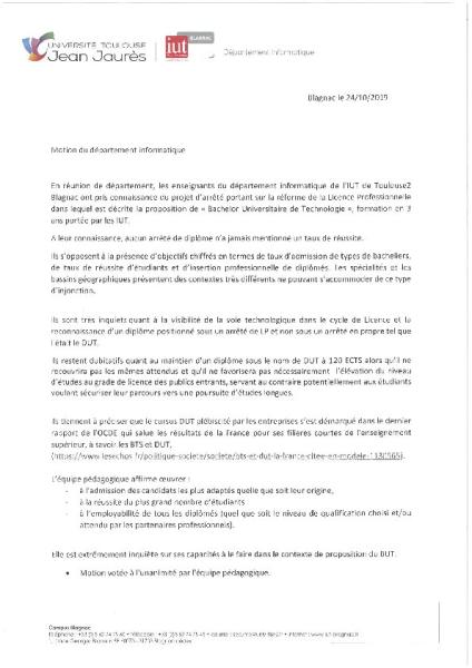 Motion du département d'informatique de l'IUT de l'Université de Toulouse Jean Jaurès Blagnac sur le Bachelor Universitaire de Technologie