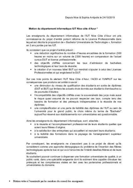 Motion du département informatique IUT de l'Université Nice côte d’Azur