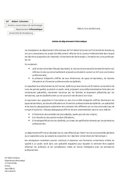 Motion du département informatique de l'IUT Robert Schuman de l'Université de Strasbourg
