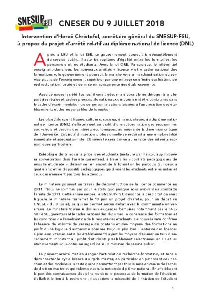 CNESER DU 9 JUILLET 2018 Intervention d’Hervé Christofol, SG du SNESUP-FSU, sur le projet d’arrêté relatif au diplôme national de licence