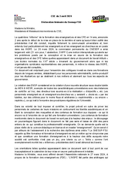 CSE du 3 avril 2024 Déclaration liminaire du Snesup-FSU