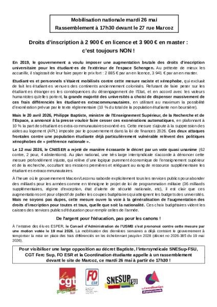 UNIVERSITE SAVOIE MONT BLANC - 26 mai rassemblement contre les droits différenciés