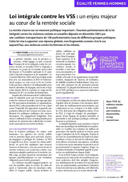 Loi intégrale contre les VSS : un enjeu majeur au coeur de la rentrée sociale