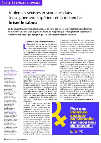 Violences sexistes et sexuelles dans l’enseignement supérieur et la recherche : briser le tabou Violences sexistes et sexuelles dans l’enseignement supérieur et la recherche : briser le tabou