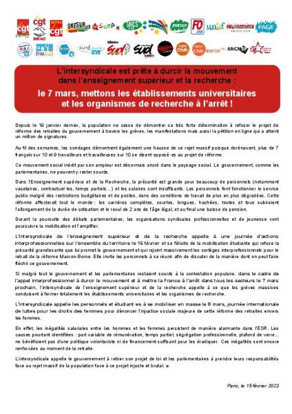 ​​L’intersyndicale est prête à durcir le mouvement dans l’enseignement supérieur et la recherche :  le 7 mars, mettons les établissements universitaires et les organismes de recherche à l’arrêt ! - communiqué intersyndical du 15 février 2023