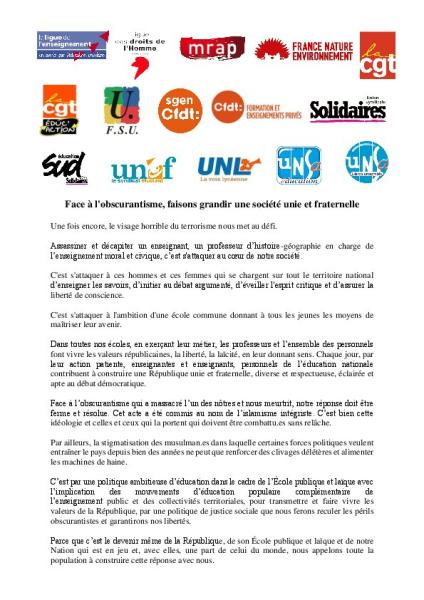 Face à l'obscurantisme, faisons grandir une société unie et fraternelle - Communiqué intersyndical du 21 octobre 2020
