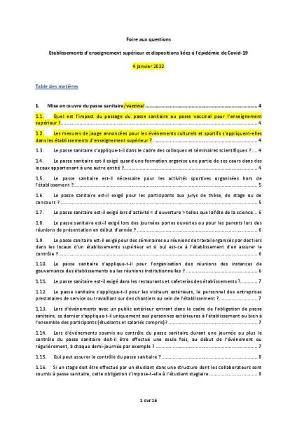 Foire aux questions : Etablissements d’enseignement supérieur et dispositions liées à l’épidémie de Covid-19 - DGESIP, 4 janvier 2022