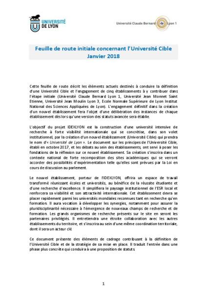 Université de Lyon 1 : Feuille de route initiale concernant l’Université Cible - Janvier 2018