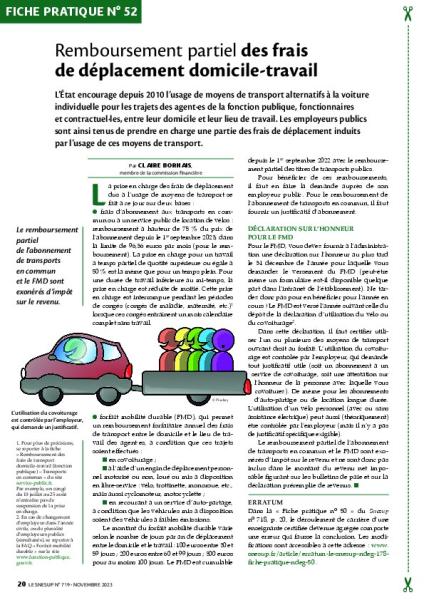 Fiche pratique n° 52 - Remboursement partiel des frais de déplacement domicile-travail