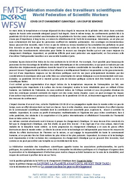 COVID-19 ET CHANGEMENT CLIMATIQUE : UN COUP DE SEMONCE
