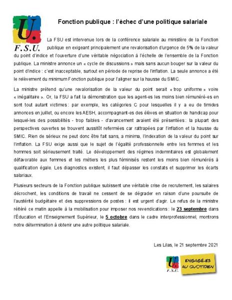 23 septembre / 5 octobre : mobilisons-nous pour une autre politique salariale ! - Communiqué FSU du  21 septembre 2021