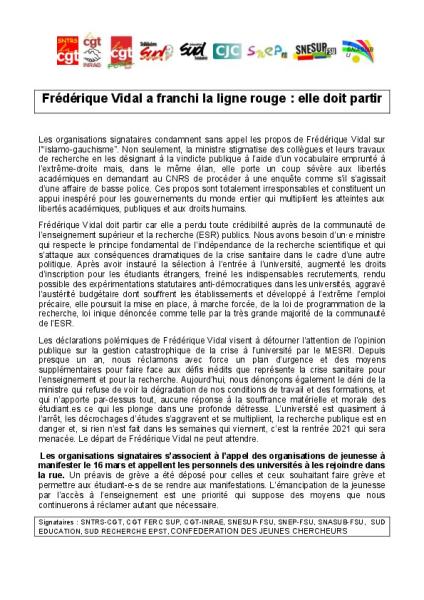  Frédérique Vidal a franchi la ligne rouge : elle doit partir - Communiqué intersyndical du 4 mars 2021