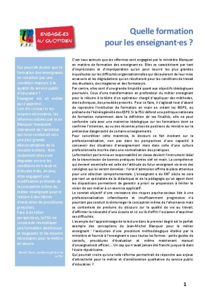 Quelle formation pour les enseignant·es ? | Quatre pages de la FSU (SNEP, SNES, SNESUP, SNETAP, SNPI, SNUEP, SNUIPP)