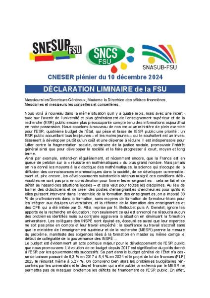 Déclaration liminaire de la FSU du CNESER Plénier du 10 décembre 2024