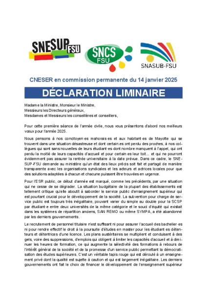 Déclaration liminaire de la FSU au CNESER en CP du 14 janvier 2025