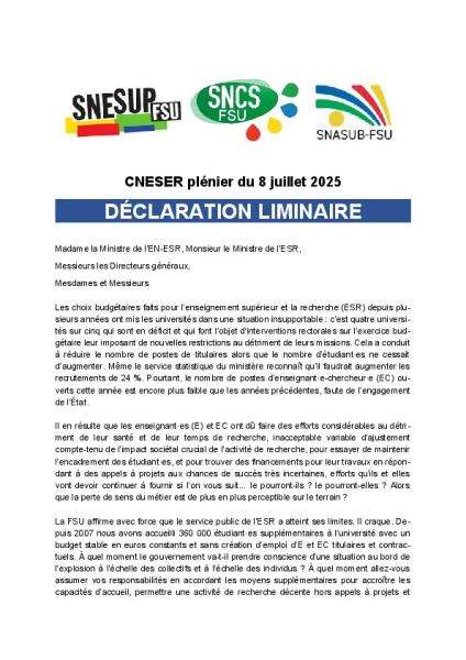 Déclaration liminaire de la FSU au CNESER plénier du 8 juillet 2025