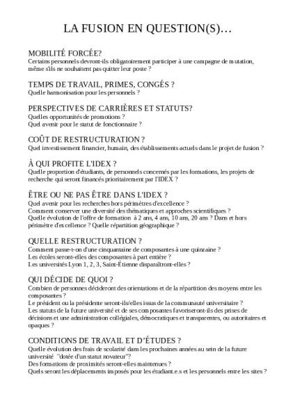 Fusion Lyon : tract « La fusion en question(s) »