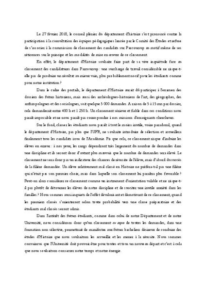 Université Aix-Marseille : Motion du département d'histoire votée le 27 février 2018