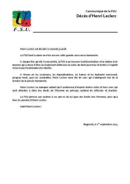 Décès d’Henri Leclerc - Communiqué de presse FSU du 1er septembre 2024