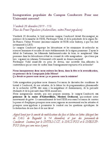 Vendredi 20 décembre - Inauguration populaire du Campus Condorcet : Pour une Université ouverte !