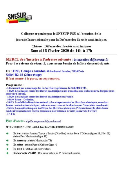 Colloque « Défense des libertés académiques » le samedi 8 février 2020 à l'ENS Paris