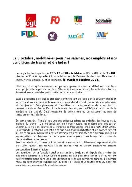 Le 5 octobre, mobilisé es pour nos salaires, nos emplois et nos conditions de travail et d’études - Communiqué interprofessionnel du 30 août 2021