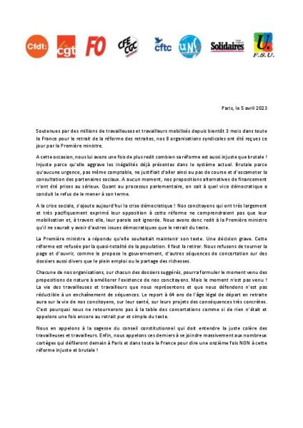 Les déclarations de l'intersyndicale et de la FSU à la sortie de Matignon le 5 avril 2023