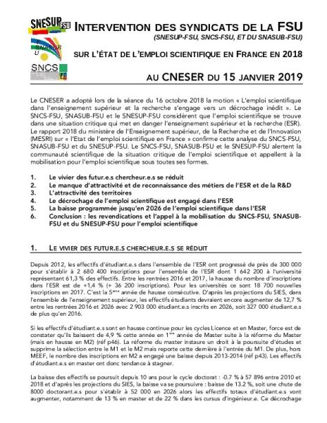 Intervention des syndicats de la FSU au CNESER du 15 janvier 2019