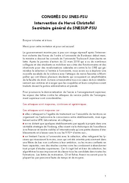 Congrès du SNES-FSU - Intervention de Hervé Christofol