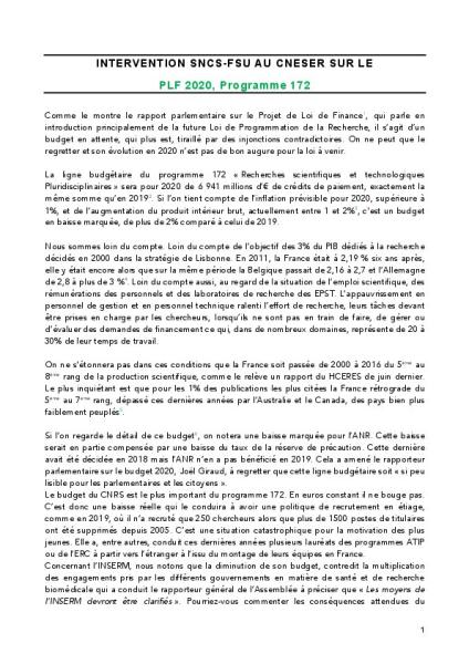 CNESER 19 et 20/11/2019 - INTERVENTION du SNCS-FSU sur le PLF 2020, Programme 172
