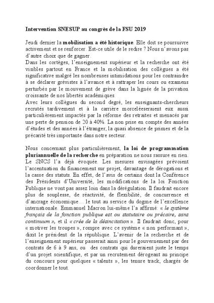 Congrès FSU 2019 - Intervention du SNESUP-FSU en séance plénière, 9 décembre 2019