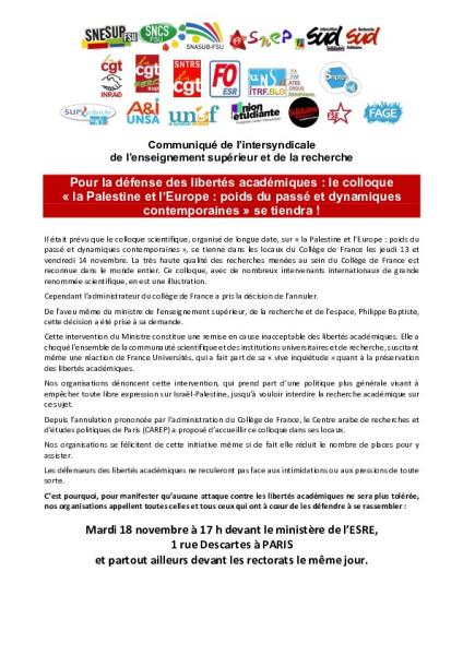 📢 Pour la défense des libertés académiques : rassemblement le 18 novembre à 17h devant le ministère ! - Communiqué de l'intersyndicale ESR du 12 novembre 2025