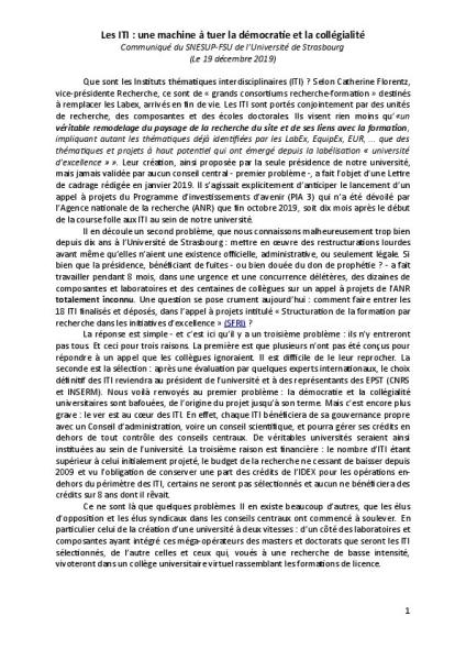 Université de Strasbourg : Les ITI, une machine à tuer la démocratie et la collégialité - Communiqué du SNESUP-FSU de l’Université de Strasbourg, 19 décembre 2019