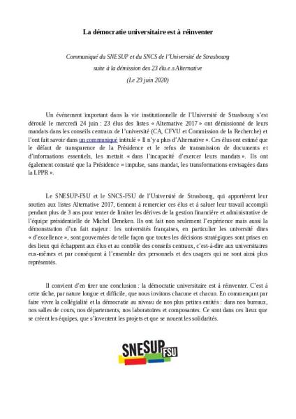 La démocratie universitaire est à réinventer - Communiqué du SNESUP-FSU et du SNCS-FSU de l'université de Strasbourg, 29 juin 2020