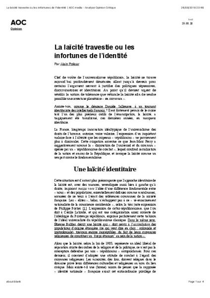 La laïcité travestie ou les infortunes de l’identité,  par Alain Policar - Article publié sur AOC le 20 août 2018