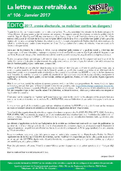 2017, année électorale, se mobiliser contre les dangers ! - La Lettre aux retraités n° 106