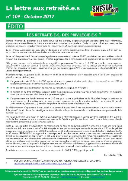 La lettre aux retraité.e.s n° 109 - Octobre 2017