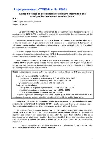 CTMESR du 17 novembre 2022 : modification des lignes directrices de gestion relatives au RIPEC