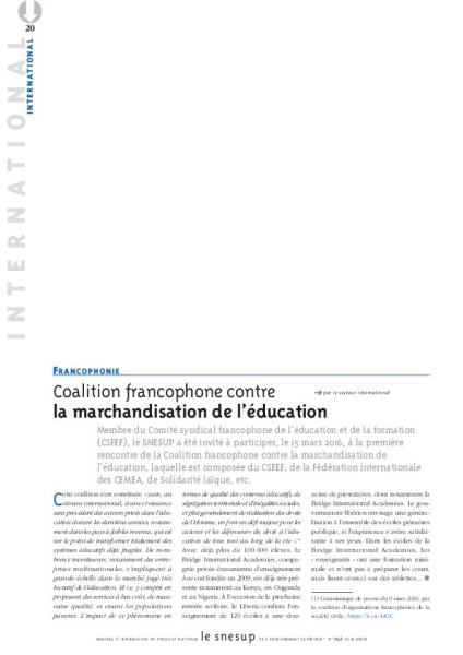 FRANCOPHONIE : Coalition francophone contre ➔ la marchandisation de l’éducation - Secteur International - N° 646 JUIN 2016