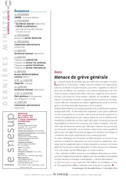 Grèce : menace de grève générale - CSI- N° 650 DECEMBRE 2016