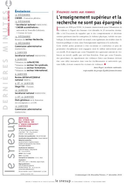 Violences faites aux femmes : l'enseignement supérieur et la recherche ne sont pas épargnés - Anne Roger - N° 650 DECEMBRE 2016