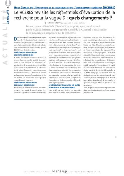 HAUT CONSEIL DE L’ÉVALUATION DE LA RECHERCHE ET DE L’ENSEIGNEMENT SUPÉRIEUR (HCERES) : Le HCERES revisite les référentiels d’évaluation de la recherche pour la vague D : quels changements ? - Heidi Charvin - N° 650 DECEMBRE 2016
