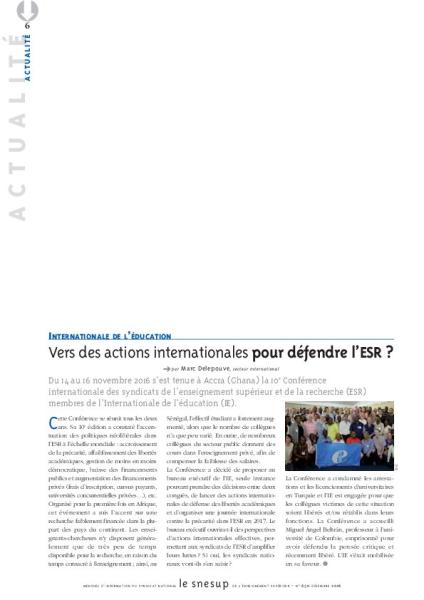 INTERNATIONALE DE L’ÉDUCATION : Vers des actions internationales pour défendre l’ESR ? - Marc Delepouve - N° 650 DECEMBRE 2017