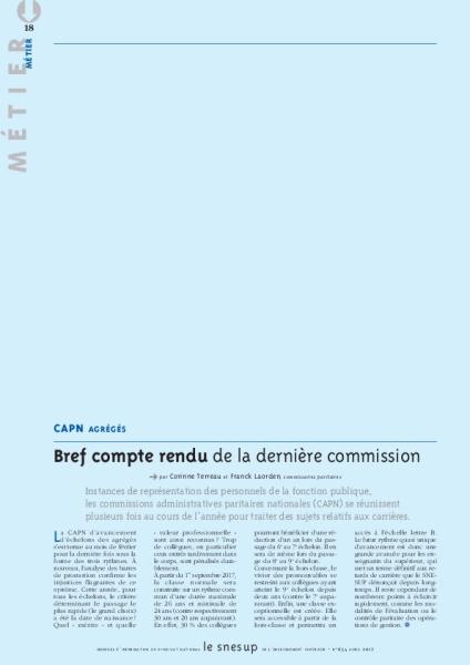 CAPN Agrégés : bref compte-rendu de la dernière commission, par Corinne Terreau et Franck Laorden/N° 654 AVRIL 2017