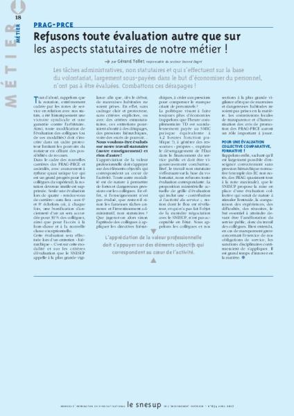 PRAG-PRCE : refusons toute évaluation autre que sur les aspects statutaires de notre métier, par Gérard Tollet/N° 654 AVRIL 2017