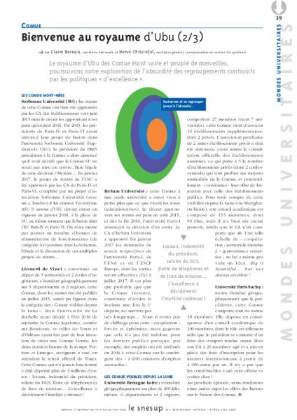 Comue : Bienvenue au royaume d'Ubu (2/3), par Claire Bornais et Hervé Christofol/N° 654 AVRIL 2017