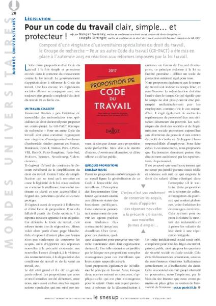 Législation : pour un code du travail clair, simple...et protecteur, par Morgan Sweeney et Josepha Dirringer/N° 654 AVRIL 2017