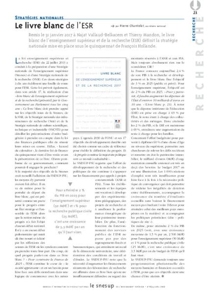 Stratégies nationales : le livre blanc de l'ESR, par Pierre Chantelot/N° 654 AVRIL 2017
