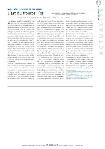 Violences sexistes et sexuelles : l'art du trompe-l'oeil, par Michel Carpentier et Christine Eisenbeis/N° 655 MAI 2017